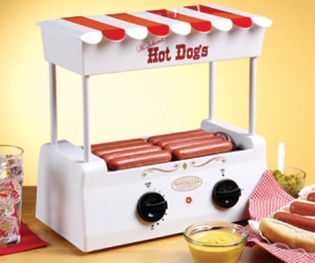 Nostalgia HDR565 Old Fashioned Hot Dog Roller, holds up to 8 regular sized hot dogs or 4 foot long hot dogs at a time, 5 non-stick rollers rotate continuously for even cooking, Removable rollers and drip tray for easy cleaning, Adjustable heat controls, Top-mounted bun warmer, UPC 082677122506 (HDR-565 HDR 565 HD-R565)