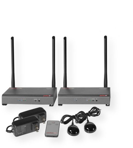 Peerless HDS-WHDI100 Wireless HD Multimedia System; Black; Stream FHD 1080p content wirelessly up to 100 feet (30)m; HDMI pass-thru allows selected source to output to a local hardwired display; Adjustable antennas allow for maximum signal propagation;  Transmits through walls and ceilings for multi-room streaming capability; UPC 735029291381 (HDS-WHDI100 HDSWHDI100 HDS-WHDI100SYSTEM HDSWHDI100-SYSTEM HDS-WHDI100-PEERLESS HDS-WHDI100PEERLESS)