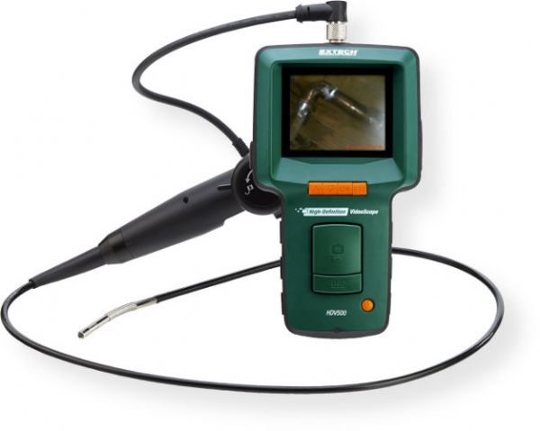 Extech HDV540 High-Definition Articulating VideoScope Kit, 6mm camera diameter, wired articulating handset and 3.5 in. Color TFT LCD Monitor; Includes wired handset with nondetachable 6mm flexible probe, 3.5 in., with macro lens; Articulating probe tip adjusts up to 240 degrees viewing angle; 3.5 in. color LCD TFT with high definition 320 x 240 pixel resolution; UPC 793950635049 (EXTECHHDV540 EXTECH HDV540 VIDEOSCOPE CAMERA)