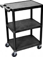 Luxor HE34-B Utility Transport Cart with 3 Shelves Structural Foam Plastic, Black, Retaining lip around the back and sides of flat shelves, Includes four heavy duty 4" casters, two with brake, Has a push handle molded into the top shelf, Clearance between shelves is 11 3/4", Easy assembly, Made in USA, Dimensions 18"D x 24"W x 32.5"H, UPC 812552016961 (HE34B HE34 B HE-34-B HE 34-B) 