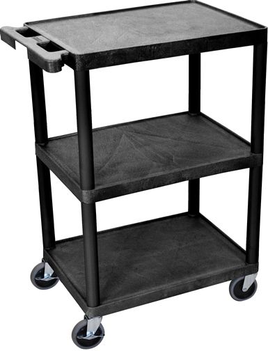 Luxor HE34-B Utility Transport Cart with 3 Shelves Structural Foam Plastic, Black, Retaining lip around the back and sides of flat shelves, Includes four heavy duty 4