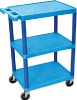 Luxor HE34-BU Utility Transport Cart with 3 Shelves Structural Foam Plastic, Blue, Retaining lip around the back and sides of flat shelves, Includes four heavy duty 4" casters, two with brake, Has a push handle molded into the top shelf, Clearance between shelves is 11 3/4", Easy assembly, Made in USA, Dimensions 18"D x 24"W x 32.5"H, UPC 812552018873 (HE34BU HE34 BU HE-34-BU HE 34-BU) 