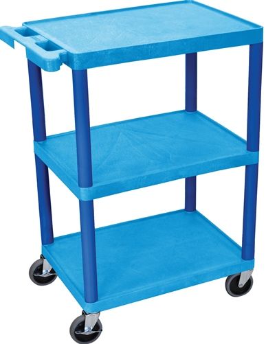 Luxor HE34-BU Utility Transport Cart with 3 Shelves Structural Foam Plastic, Blue, Retaining lip around the back and sides of flat shelves, Includes four heavy duty 4
