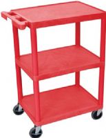 Luxor HE34-RD Utility Transport Cart with 3 Shelves Structural Foam Plastic, Red, Retaining lip around the back and sides of flat shelves, Includes four heavy duty 4" casters, two with brake, Has a push handle molded into the top shelf, Clearance between shelves is 11 3/4", Easy assembly, Made in USA, Dimensions 18"D x 24"W x 32.5"H, UPC 812552018880 (HE34RD HE34 RD HE-34-RD HE 34-RD) 