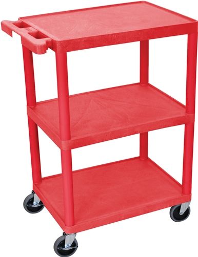 Luxor HE34-RD Utility Transport Cart with 3 Shelves Structural Foam Plastic, Red, Retaining lip around the back and sides of flat shelves, Includes four heavy duty 4