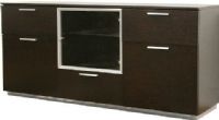Wholesale Interiors HE3602-M-WENGE Adele Dark Brown Wood Modern Dining Room Buffet, Three drawers and three cabinets with doors, Silver metal handles, Wood construction, Dark brown / wenge veneer finish, Silver finish metal base, Non-marking feet, Assembly required (HE3602MWENGE HE3602-M-WENGE HE3602 M WENGE) 