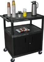 Luxor HE40C-B Large Serving Coffee Cart with Cabinet, Black; Generous work surface with plenty of storage/work space that suits a variety of needs; Molded plastic shelves and legs won't stain, scratch, dent or rust; 300 lb. weight capacity (evenly distributed); Steel locking cabinet with full piano hinge, great for storing and transportation of supplies; UPC 847210028277 (HE40CB HE40C HE-40C-B HE 40C-B) 