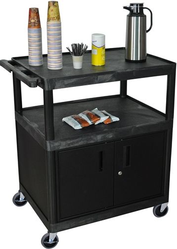 Luxor HE40C-B Large Serving Coffee Cart with Cabinet, Black; Generous work surface with plenty of storage/work space that suits a variety of needs; Molded plastic shelves and legs won't stain, scratch, dent or rust; 300 lb. weight capacity (evenly distributed); Steel locking cabinet with full piano hinge, great for storing and transportation of supplies; UPC 847210028277 (HE40CB HE40C HE-40C-B HE 40C-B)