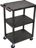 Luxor HE42-B Utility Transport Cart with 3 Shelves Structural Foam Plastic, Black, Retaining lip around the back and sides of flat shelves, Includes four heavy duty 4" casters, two with brake, Has a push handle molded into the top shelf, Clearance between shelves is 16", Easy assembly, Made in USA, Dimensions 18"D x 24"W x 41"H, UPC 812552018910 (HE42B HE42 B HE-42-B HE 42-B) 