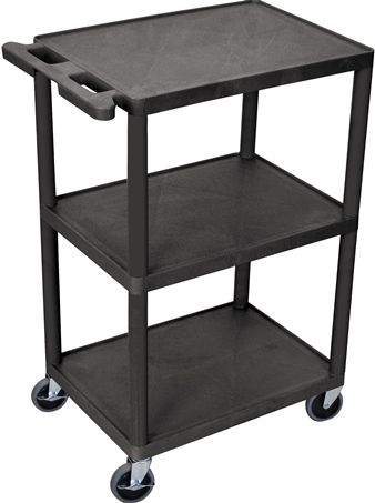 Luxor HE42-B Utility Transport Cart with 3 Shelves Structural Foam Plastic, Black, Retaining lip around the back and sides of flat shelves, Includes four heavy duty 4