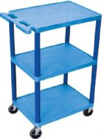 Luxor HE42-BU Utility Transport Cart with 3 Shelves Structural Foam Plastic, Blue, Retaining lip around the back and sides of flat shelves, Includes four heavy duty 4" casters, two with brake, Has a push handle molded into the top shelf, Clearance between shelves is 16", Easy assembly, Made in USA, Dimensions 18"D x 24"W x 41"H, UPC 812552018927 (HE42BU HE42 BU HE-42-BU HE 42-BU) 