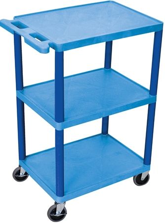 Luxor HE42-BU Utility Transport Cart with 3 Shelves Structural Foam Plastic, Blue, Retaining lip around the back and sides of flat shelves, Includes four heavy duty 4
