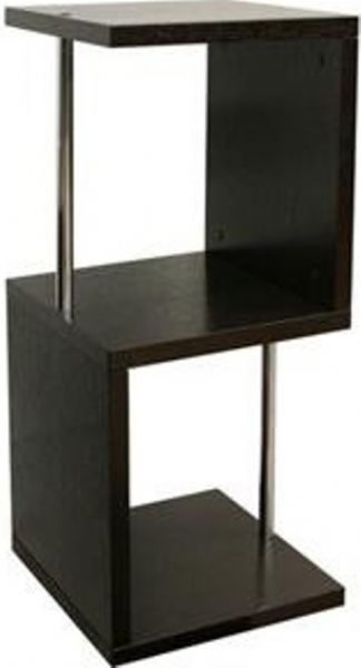 Wholesale Interiors HE5586-WENGE Cornelia Dark Brown Modern Display Shelf - Short, Contemporary display shelf, Can also serve as an end table, Wood construction, Dark brown / wenge veneer finish, Two cube areas shaped like shelves, Steel support bars with chrome finish, UPC 847321001329 (HE5586WENGE HE5586-WENGE HE5586 WENGE HE5586 HE/5586 HE 5586)