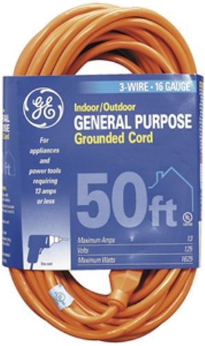 GE General Electric HEP51926 Indoor/Outdoor General Purpose Grounded Cord (50 ft.), Orange, For appliances & power tools requiring up to 13 amps, Grounded for 3-wire plugs & outlets, Polarized security for proper alignment of hot & neutral wires, Double-insulated cord, One-piece molded plug construction (HEP-51926 HEP 51926 JAS-HEP51926 JASHEP51926)