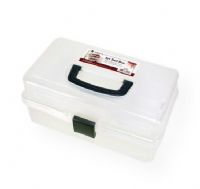 Heritage Arts HPB1307 Mid-Size Art Tool Box; Translucent plastic art box offers portable organization for tools and supplies; Features two 5.5" x 10.5" x .75" foldout divided compartment trays; Main storage compartment measures 12" x 6.75" x 3"; Carry handle folds flat; Security slot can accommodate a small lock; Overall dimensions: 12.5" x 7" x 6"; Shipping Weight 1.80 lbs; UPC 088354809944 (HERITAGEARTSHPB1307 HERITAGEARTS-HPB1307 HERITAGE-ARTS-HPB1307 ORGANIZER BIN STORAGE) 
