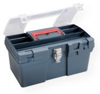 Heritage Arts HPB1610 Medium Art Blue Tool Box; Convenient storage for a variety of art and hobby supplies; Made of durable plastic, featuring a divided compartment in the top with translucent lid that snaps closed; Red carry handle folds flat; 14" x 6.75" x 1.75" pull out tray reveals main compartment that measures 14" x 7" x 6.5"; Heavy-duty metal front clasp; Security slot can accommodate a small lock; UPC 088354809968 (HERITAGEARTSHPB1610 HERITAGEARTS-HPB1610 ARTWORK) 