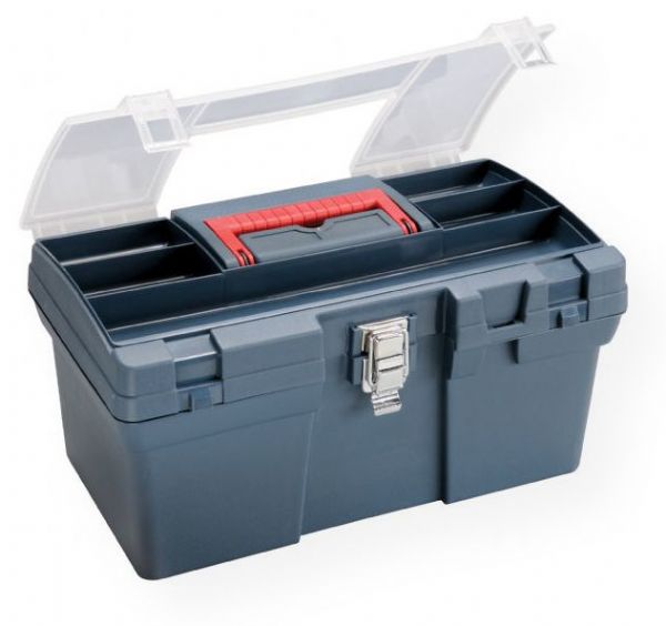 Heritage Arts HPB1610 Medium Art Blue Tool Box; Convenient storage for a variety of art and hobby supplies; Made of durable plastic, featuring a divided compartment in the top with translucent lid that snaps closed; Red carry handle folds flat; 14
