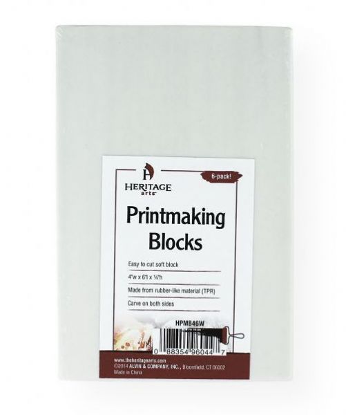 Heritage Arts HPMB46W Traditional White Printmaking Blocks 6-Pack; Easy to cut soft blocks for beginner or advanced print makers; Made from white rubber-like material (TPR) for crisp, clean cuts with minimal slippage; Blocks are thick enough to be carved on both sides; 4