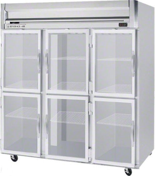 Beverage Air HF3-5HG Half Glass Door Reach-In Freezer, 16 Amps, Top Compressor Location, 74 Cubic Feet, Glass Door Type, 1.50 Horsepower, 6 Number of Doors, 3 Number of Sections, Swing Opening Style, 9 Shelves, 0F Temperature, 208 - 230 Voltage, Stainless steel front, Gray painted sides, Aluminum interior,  78.5