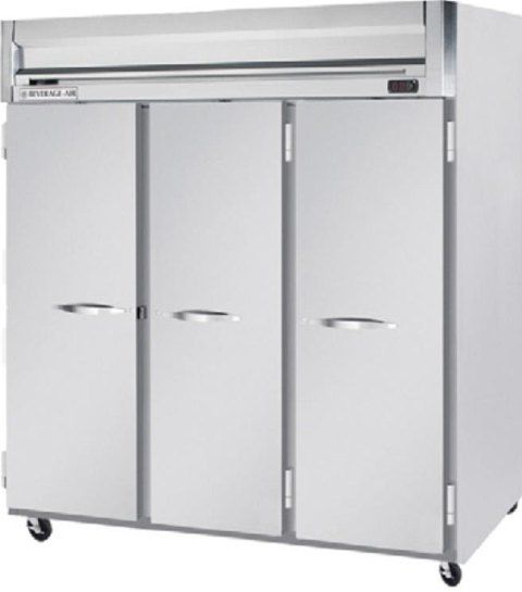 Beverage Air HF3-5S Solid Door Reach-In Freezer, Door Access Method, 8.4 Amps, Top Compressor Location, 74 Cubic Feet, Solid Door Type, 1 Horsepower, 3 Number of Doors, 3 Number of Sections, Swing Opening Style, 9 Shelves, 0F Temperature, 208 - 230 Voltage, Stainless steel front, Gray painted sides, Aluminum interior, 78.5