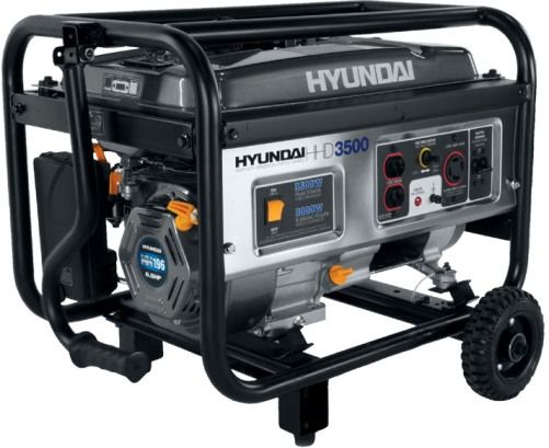 Hyundai HHD3500 Home Power Series Portable Generator, 3500W Peak Power, 3000W Running Power, Electric/Manual Recoil Start, 17 Litres Fuel Capacity, 9 Hours Running Time, Noise Level 76dB, Two 120V AC outlets, One 120/240V twist-lock outlet for appliances, Fuel efficient 4-stroke HX196 6.5HP engine, Dependable non-fuse circuit breaker system (HHD-3500 HHD 3500 HH-D3500)