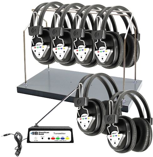 HamiltonBuhl HH/W906-MULTI Wireles Listenting Center, 6 Station with Headphones and Transmitter, Multi Frequency with Rack; Includes (1) W900-Multi Wireless Transmitter, (6) W901-Multi Wireless Multi-Channeled Headphones and (1) HH Steel Headphone Rack; Range +/- 300 feet; 4 switchable FM frequencies; UPC 681181510108 (HAMILTONBUHLHHW906MULTI HHW906MULTI HHW906-MULTI HH-W906-MULTI HH/W906/MULTI)