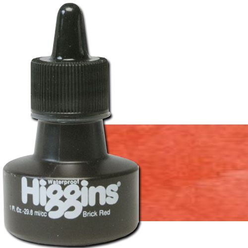 Higgins SN44114 Waterproof Color Drawing Ink, 1oz, Red Brick; Bright, transparent color; Use like liquid watercolors for washes and shading; Mix or dilute for infinite variety; For use with technical pens, lettering pens, and airbrushes; Not recommended for use on drafting film; 1 oz. bottle; Dimensions 1.75