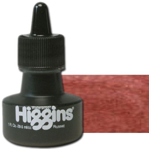 Higgins SN44115 Waterproof Color Drawing Ink, 1oz, Russet; Bright, transparent color; Use like liquid watercolors for washes and shading; Mix or dilute for infinite variety; For use with technical pens, lettering pens, and airbrushes; Not recommended for use on drafting film; 1 oz. bottle; Dimensions 1.75