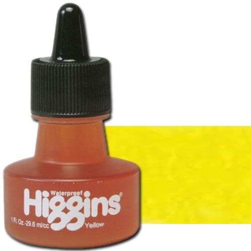 Higgins SN44205 Waterproof Color Drawing Ink, 1oz, Yellow; Bright, transparent color; Use like liquid watercolors for washes and shading; Mix or dilute for infinite variety; For use with technical pens, lettering pens, and airbrushes; Not recommended for use on drafting film; 1 oz. bottle; Dimensions 1.75