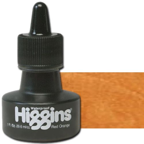 Higgins SN44207 Waterproof Color Drawing Ink, 1oz, Red Orange; Bright, transparent color; Use like liquid watercolors for washes and shading; Mix or dilute for infinite variety; For use with technical pens, lettering pens, and airbrushes; Not recommended for use on drafting film; 1 oz. bottle; Dimensions 1.75