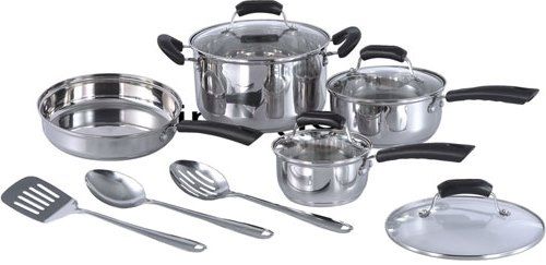 Sunpentown HK-1111 Eleven Piece Stainless Steel Cookware Set, Induction Ready and all heating surfaces, Aluminum core for superior heat conductivity and retention, Polished stainless steel interiors and exteriors, Stay cool handle and tempered glass cover, 8.5