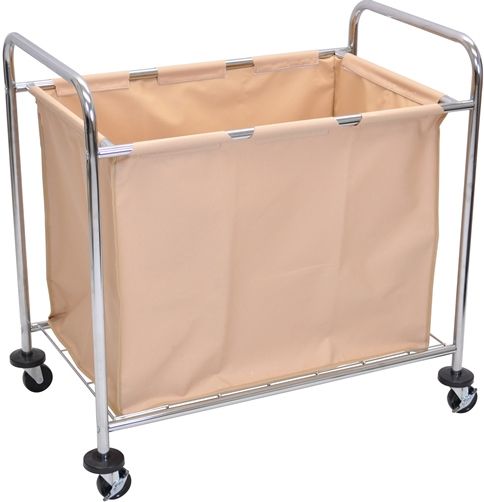 Luxor HL14 Laundry Cart With Steel Frame & Canvas, Tan; Bag is constructed of heavy duty canvas and removes easily with velcro fasteners; Inside of the tan bag is one large compartment; Chrome plated steel frame; Load capacity: 7 bushels, 51 gallons, 100 lbs.; Support bars under bag; 2-1/2
