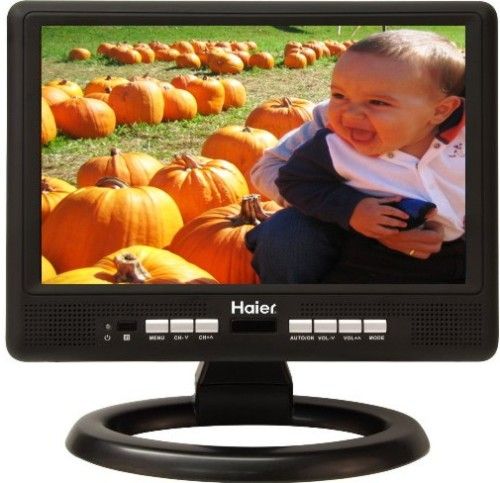 Haier HLT10 Portable 10-inch LCD TV with ATSC/NTSC tuner, Selectable screen aspect ratio of 16:9 or 4:3, Audio/video and coaxial outputs, Multi language OSD- English, French and Spanish, Rechargeable battery, High-resolution display, Auto-channel programming, Built-in twin speaker, Built-in tv stand, Battery life of 2.5 hours (HLT-10 HLT 10 HL-T10)