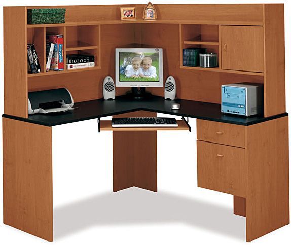 Bush HM38410 Corner Desk and Hutch, Centra Collection, Natural Cherry Finish, Box drawer for office supplies, Retracting corner keyboard shelf, File drawer holds letter- or legal-size files, Concealed storage, Durable wear-resistant surfaces, Large workspace with corner pullout keyboard (HM 38410 HM-38410 38410) 