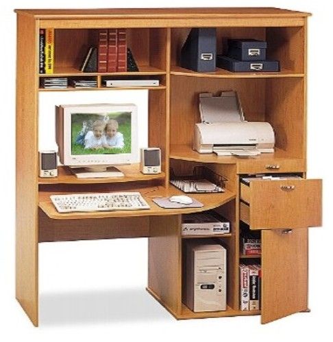 Bush HM39485 Office Wall Organizer, Reflections Collection, Finished In Country Manor Maple, Plenty of storage options, Pencil/organizer tray extends on slides, Open vertical CPU compartment, one adjustable shelf, File drawer holds letter-size files, Concealed storage, one adjustable shelf, Attractive, curved desktop, 225 lbs Weight (HM39485  HM 39485  HM-39485  HM3948)