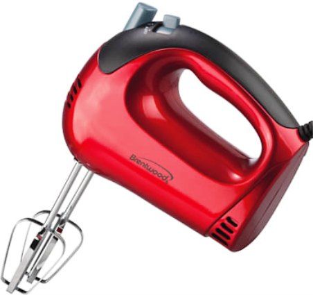 Brentwood HM-46 Hand Mixer in Red, 5 Speeds, Ejection Button for Easy Cleaning, 2 Heavy Duty Chrome Plated Beaters, Compact Size, 150 Watts Power, cETL Approval Code, Dimension (LxWxH) 10.25 x 3.5 x 7.5, Weight 1.5 lbs., UPC 181225800467 (HM46 HM 46) 