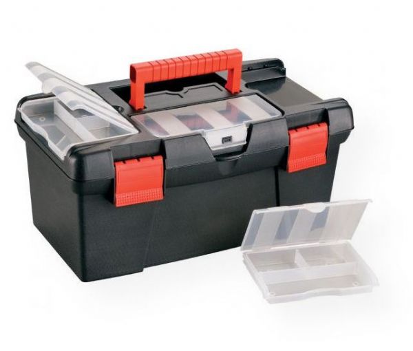 Heritage Arts HPB1609 Medium Art Black Tool Box; Convenient storage for a variety of art and hobby supplies; Constructed of durable plastic, featuring a translucent compartment in the top that snaps shut; Two additional compartments in top are divided and can be conveniently removed for added portability of small tools and supplies; UPC 088354809951 (HERITAGE-ARTS-HPB1609 HERITAGEARTS-HPB1609 HARDWARE TOOLS)