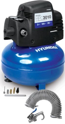 Hyundai HPC3010 Air Compressor Kit, Lightweight 3 gallon tank. Quiet 1/3 HP motor, 100 PSI Max, 0.5 CFM @ 40 PSI, 0.4 CFM @ 90 PS, 2900 RPM Pump Speed, Oil-free compressor pump delivers high performance and no maintence, Oversized, easy-to-read gauges, Easy, plug and play operation, Compact design allows for maximum portability (HPC-3010 HPC 3010 HP-C3010)