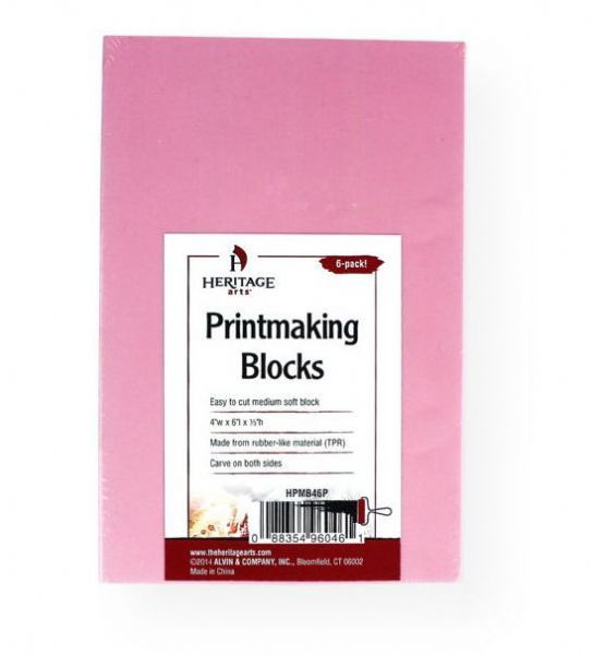 Heritage Arts HPMB46P Traditional Pink Printmaking Blocks 6-Pack; Easy to cut medium soft blocks for beginner or advanced print makers; Made from pink rubber-like material (TPR) for crisp, clean cuts with minimal slippage; Blocks are thick enough to be carved on both sides; 4