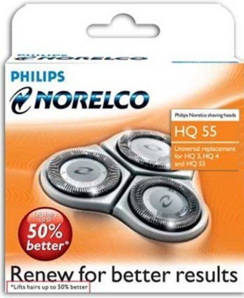 Philips Norelco HQ55 Plus Reflex Replacement Heads, Three stainless-steel heads in package needed for each change on razor, Heads provide 45 lifters and 45 cutters to shave below skin level, Replacement heads work with 6423LC, 6613X, 6843XL, 6853XL and 6863XL, UPC Code 075020000828 ( HQ55PLUS HQ-55 PLUS HQ-55PLUS)