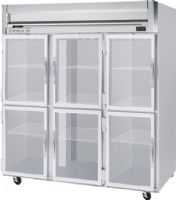 Beverage Air HR3-1HG Half Glass Door Reach-In Refrigerator, 10 Amps, Top Compressor Location, 74 Cubic Feet, Glass Door Type, 1/2 Horsepower, 6 Number of Doors, 3 Number of Sections, Swing Opening Style, 9 Shelves, 36°F - 38°F Temperature,  6" heavy-duty casters, two with breaks, 78.5" H x 78" W x 32" D Dimensions, 60" H x 73.5" W x 28" D Interior Dimensions (HR31HG HR3-1HG HR3 1HG) 