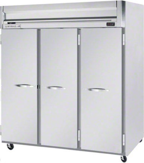 Beverage Air HR3-1S Solid Door Reach-In Refrigerator, 10 Amps, Top Compressor Location, 74 Cubic Feet, Solid Door Type, 1/2 Horsepower, 60 Hz, 3 Number of Doors, 3 Number of Sections, Swing Opening Style, 1 Phase, Reach-In Refrigerator Type, 9 Shelves, 36F - 38F Temperature, 115 Voltage, 60