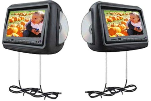 Farenheit HRD-9BG One Pair Pre-Loaded 8.8 Wide 16:9 Touch Screen Universal Rep. Headrest Monitor, Playback System (DVD, DVD-R, VCD, SVCD, CD-DA, CD, CD-R/RW, MP-3,Divx, Active Matrix TFT/LCD, 3.5 mini front panel Audio/Video input on both headrests, Selectable DVD or A/V input from other headrest, 1 Video/Audio Output, Built-in 900Mhz. 2-ch Transmitter, 2 RF 2-ch Wireless Headphones Included in Package (HRD-9BG HRD 9BG HRD9BG)
