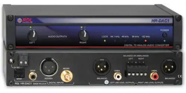 Radio Design Labs RDL-HRDAC1 Digital to Analog Converter - 24 bit 192 kHz; Input: AES/EBU, Coaxial or Optical S/PDIF, AES-3ID; Outputs: Balanced and Unbalanced Stereo Audio; Adjustable Audio Output Gain Trim; Dual-LED Audio Output Level VU Metering; Operation Up to 24 bits, 192 kHz; Exclusive Sure-Lok: Auto-Recovery Sentinel; Transformer Isolated AES/EBU Input; Automatic Sample Rate Detection with Indicators (HRDAC1 HR-DAC1 HR-DAC1 BTX)