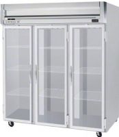Beverage Air HRP3-1G Glass Door Reach-In Refrigerator, 10 Amps, Top Compressor Location, 74 Cubic Feet, Glass Door Type, 1/2 Horsepower, 3 Number of Doors, 3 Number of Sections, Swing Opening Style, 9 Shelves, 36°F - 38°F Temperature, 6" heavy-duty casters, two with breaks, 60" H x 73.5" W x 28" D Interior Dimensions, 78.5" H x 78" W x 32" D Dimensions (HRP31G HRP3-1G HRP3 1G) 