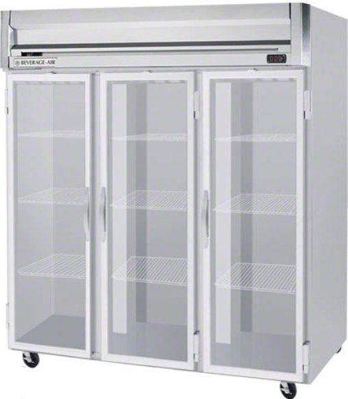Beverage Air HRP3-1G Glass Door Reach-In Refrigerator, 10 Amps, Top Compressor Location, 74 Cubic Feet, Glass Door Type, 1/2 Horsepower, 3 Number of Doors, 3 Number of Sections, Swing Opening Style, 9 Shelves, 36F - 38F Temperature, 6