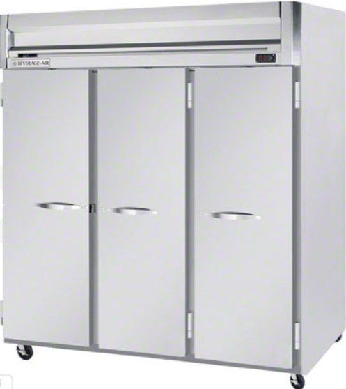 Beverage Air HRP3-1S Solid Door Reach-In Refrigerator, 10 Amps, Top Compressor Location, 74 Cubic Feet, Solid Door Type, 1/2 Horsepower, 60 Hz., 3 Number of Doors, 3 Number of Sections, Swing Opening Style, 1 Phase, Reach-In Refrigerator Type, 9 Shelves, 36F - 38F Temperature, 60
