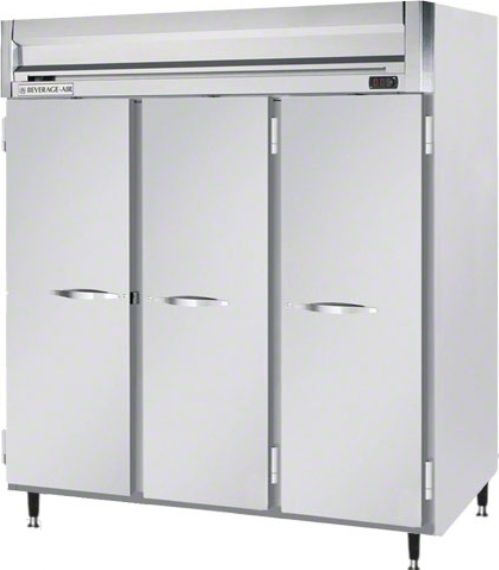 Beverage Air HRPS3-1S Solid Door Reach-In Refrigerator, 10 Amps, Top Compressor Location, 74 Cubic Feet, Solid Door Type, 1/2 Horsepower, 60 Hz, 3 Number of Doors, 3 Number of Sections, Swing Opening Style, 1 Phase, Reach-In Refrigerator Type, 9 Shelves, 36F - 38F Temperature, 115 Voltage, 60