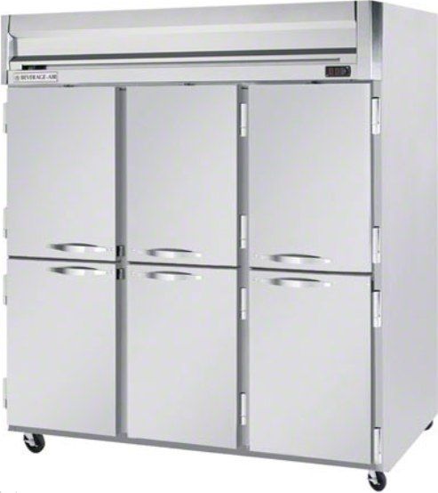 Beverage Air HRS3-1HS Half Solid Door Reach-In Refrigerator, 10 Amps, Top Compressor Location, 74 Cubic Feet, Solid Door Type, 1/2 Horsepower, 60 Hz, 6 Number of Doors, 3 Number of Sections, Swing Opening Style, 1 Phase, Reach-In Refrigerator Type, 9 Shelves, 36F - 38F Temperature, 6