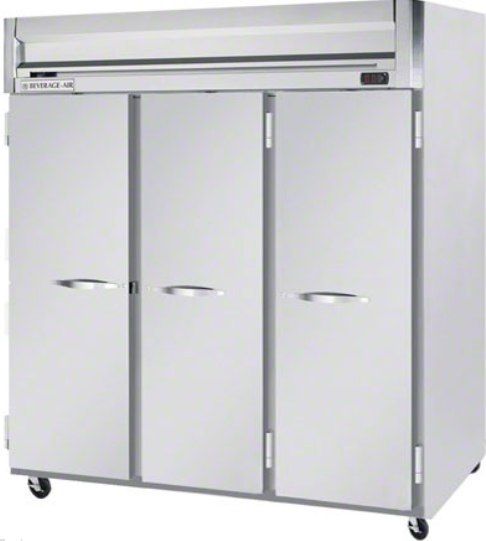 Beverage Air HRS3-1S Solid Door Reach-In Refrigerator, 10 Amps, Top Compressor Location, 74 Cubic Feet, Solid Door Type, 1/2 Horsepower, 60 Hz, 3 Number of Doors, 3 Number of Sections, Swing Opening Style, 1 Phase, Reach-In Refrigerator Type, 9 Shelves, 36F - 38F Temperature, 6